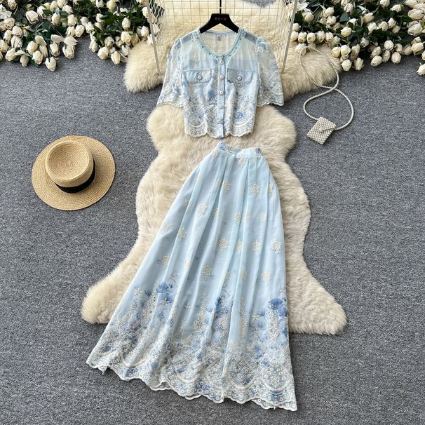 Women's French Style Printed Two Piece Set Short Sleeved Embroidered Summer Casual Slimming Waist Cinching Youthful_ecoleips.com