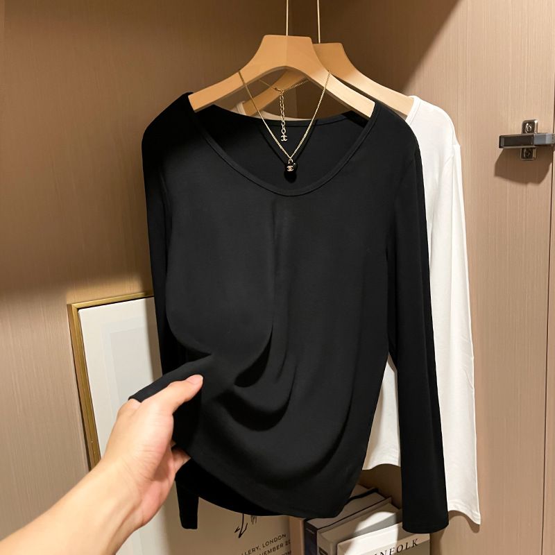Collarbone-Exposing Long-Sleeve Women's T-Shirt, This Autumn V-Neck Loose Inner Layer, Drape Base Shirt, Spring/Autumn T_ecoleips.com