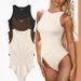 Women's Ribbed High Neck Sleeveless Bodysuit Swimwear - Solid Color Slim Fit One-Piece With Triangle Panty_ecoleips.com