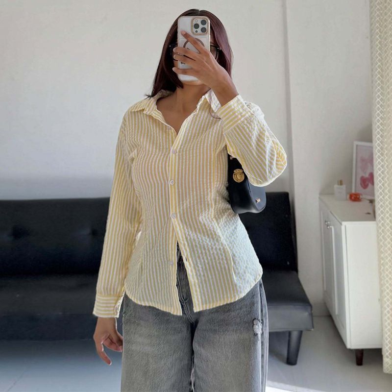 Summer New Style Women's Long Sleeve Shirt Slim Striped Tie Waist Elegant Commuter Design Clothing For Ladies_ecoleips.com