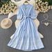 Women's Retro Style Geometric Embroidered Dress Tie Neck Three Quarter Sleeve Slim Fitting Elegant Knee Length Summer Skirt_ecoleips.com