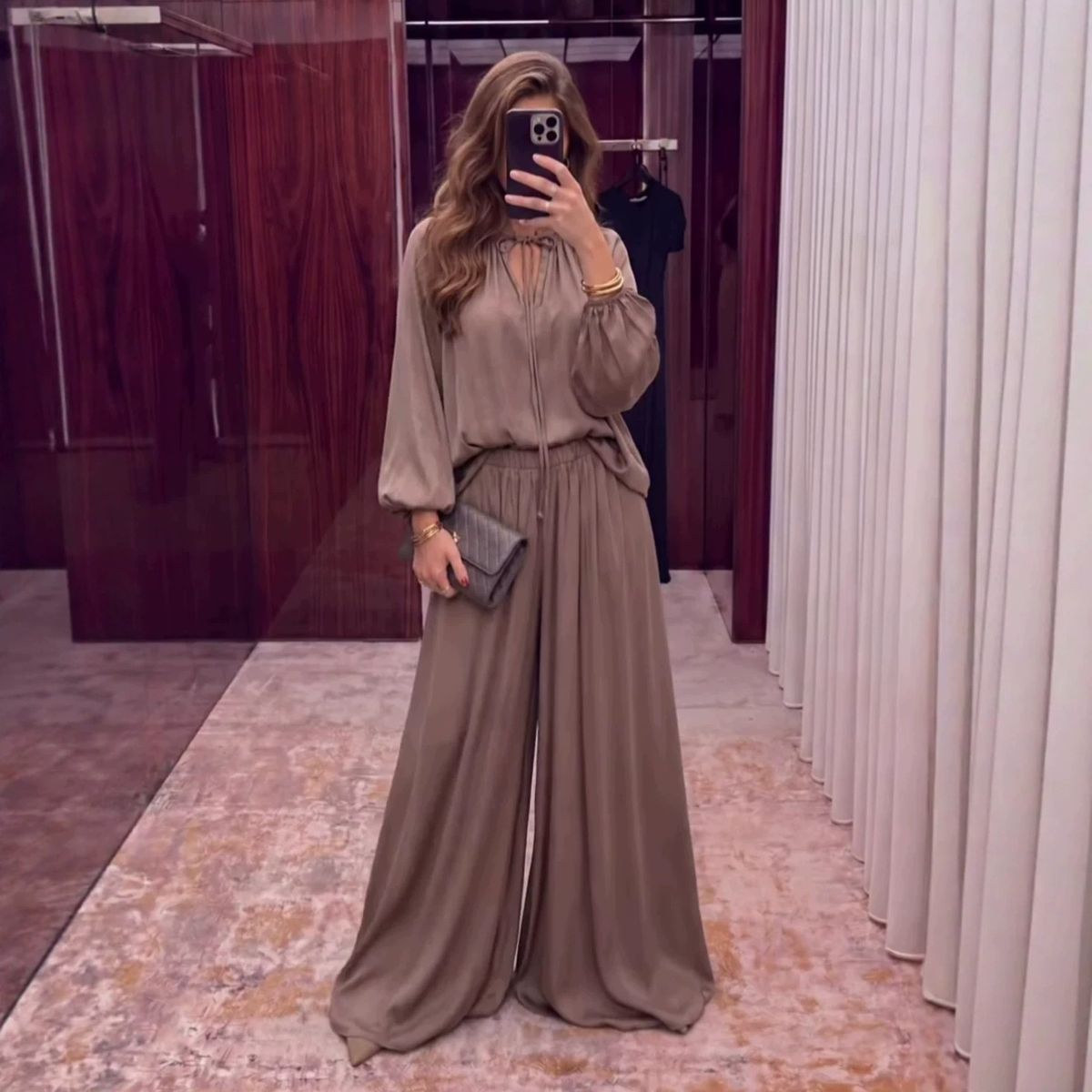 Women's Fashion Set Solid Color V Neck Tie Waist Loose Fitting Casual Trousers Suit New Style Elegance_ecoleips.com