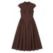French Elegant Stand Collar A-Line Party Dress Spring Solid High Waist Pleated Long Dress Summer Short Sleeve Women's Maxi Dress_ecoleips.com