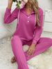 Women's Casual Ribbed Fleece Hooded Button-Up T-Shirt & Pants Lounge Set - Soft Comfortable Home Wear Outfit_ecoleips.com