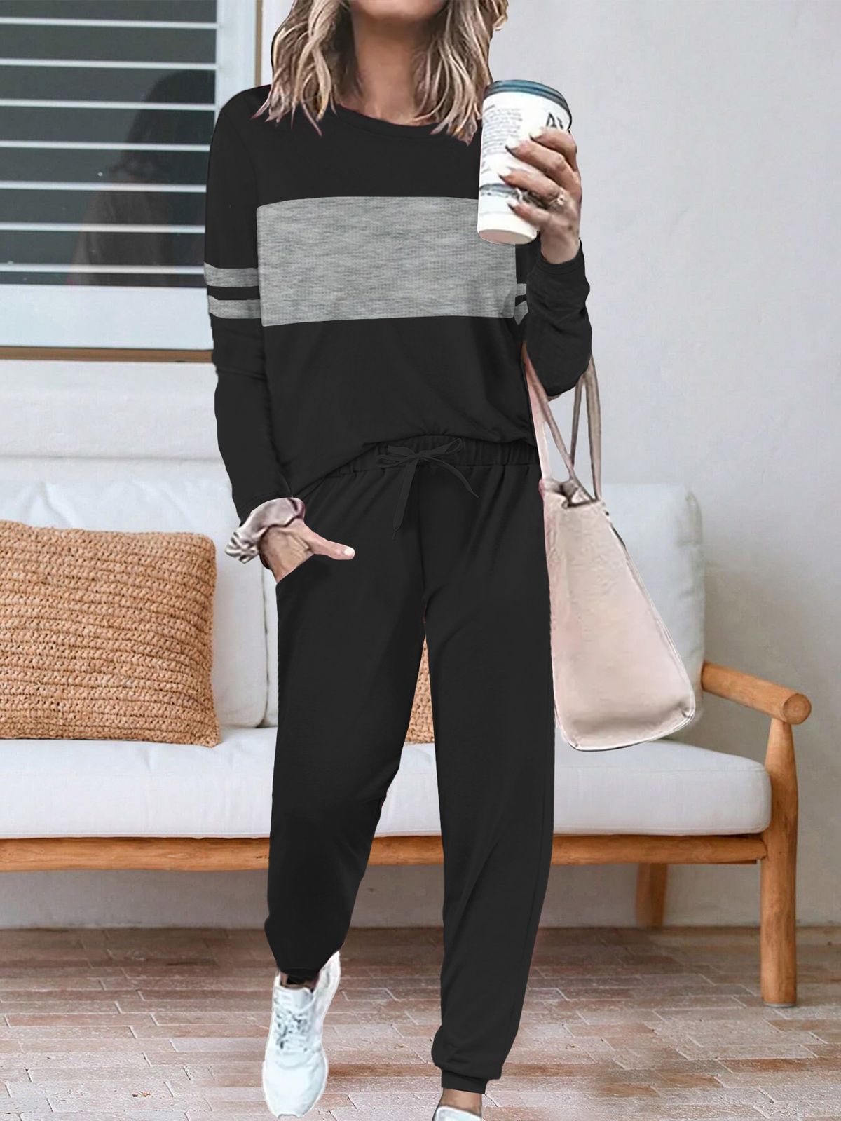 Women's Solid Color round Neck Long Sleeve Top And Trousers Set European And American Style Two Piece Autumn Wear_ecoleips.com