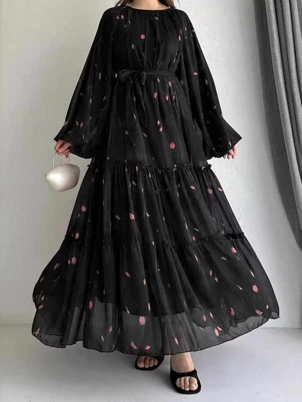 Modest Abaya Dress Elegant Muslim Floral Maxi Dress – Tiered Ruffled Sleeves & Tie-Waist Design_ecoleips.com