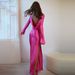 Women Stylish Trend‑Forward Evening Gown With Long Sleeves, Luxe Satin Patchwork, Open‑Back Design & High‑Slit Hem_ecoleips.com