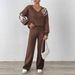 Women's Autumn Winter Casual Outfit Floral Embroidery Ribbon V-Neck Sweater Straight Pants Two-Piece Set_ecoleips.com