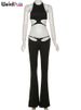 Weird Puss Hollow Straps 2 Piece Sets Woman Summer Sexy Solid Halter Backless Tops+Sequined Flared Pants Party Skinny Outfits_ecoleips.com