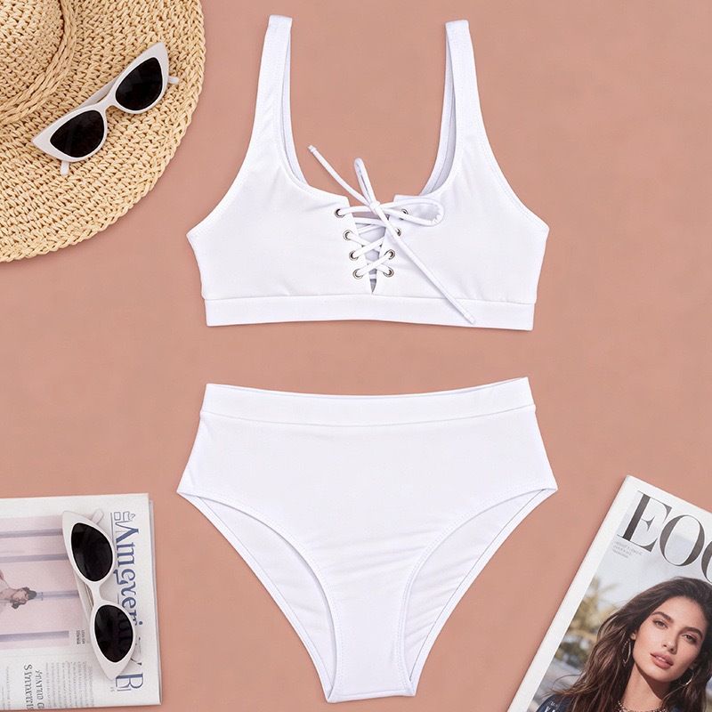 High-Waist Women's Bikini Set Quick-Dry Polyester Sporty Tie-Front Triangl Swimwear Solid Colors S to XL_ecoleips.com