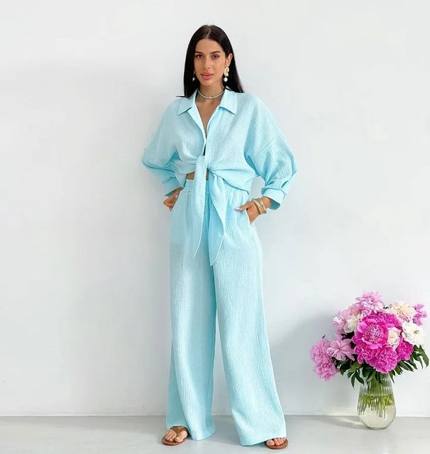 Women's Clothing New Casual Suit 100% Cotton Double Layer Corrugated Lapel Shirt + Pocket Wide Leg Pants_ecoleips.com