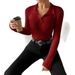 Autumn/Winter Solid-Color Fitted Women's Top With V-Neck, Long Sleeves, Striped And Brushed Fabric, White_ecoleips.com