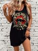 Roll Letter Print Sleeveless Dress - Asymmetrical Short A-Line Summer Dress With Round Neck Guitar/Microphone Lip Design Casual Spring/Summer Outfits_ecoleips.com