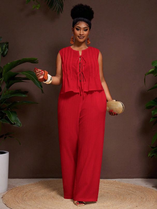 Plus Size Women's Solid Color Sleeveless Tie Waist High Waisted Trousers Set European American Style Versatile Women's Clothing_ecoleips.com