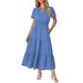 Women's V Neck Puff Sleeve Dress Ruched Short Skilled Full Skirt Spliced Long Style_ecoleips.com