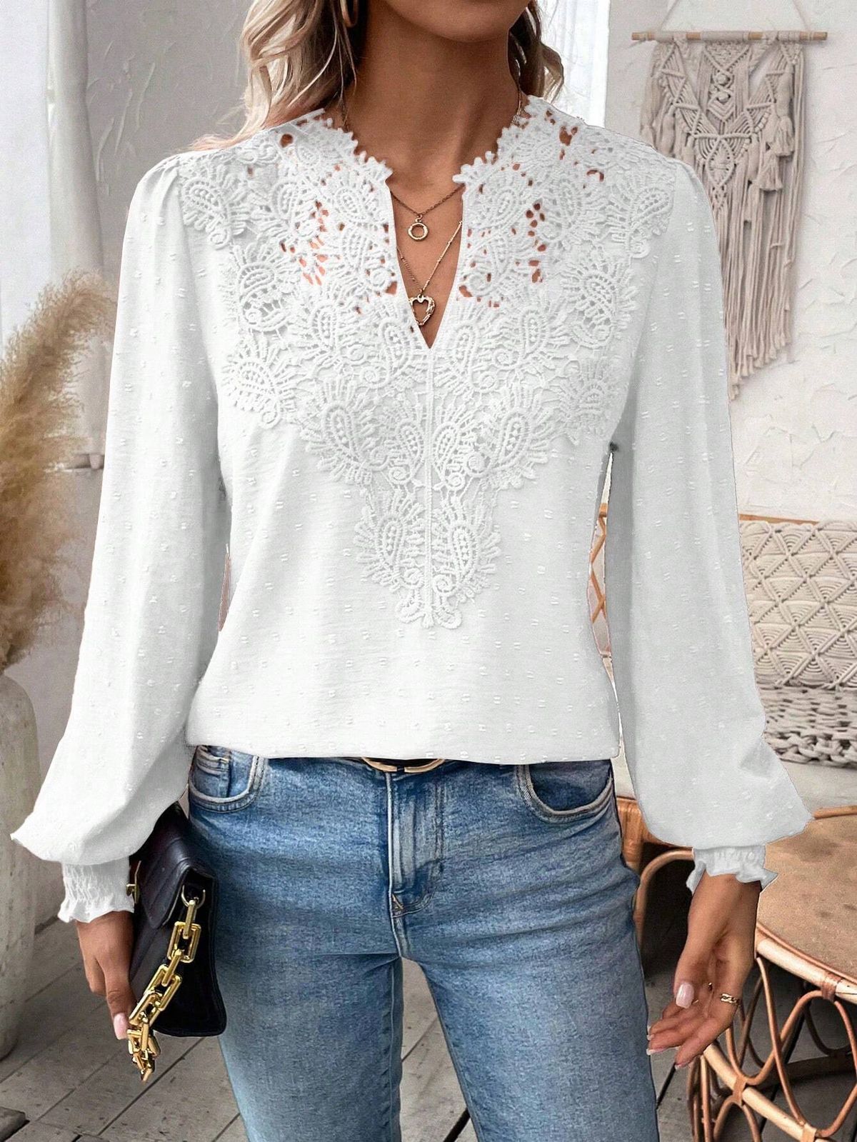 Women's V Neck Lace T-Shirt Long Sleeve Casual Solid Color Autumn/Winter Fashion Blouse European American Style_ecoleips.com
