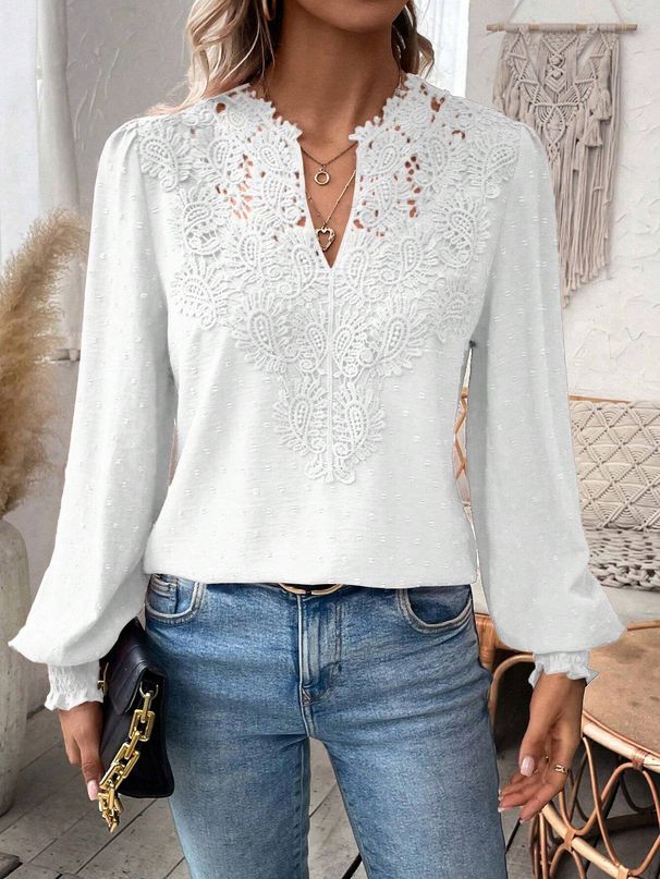 Women's V Neck Lace T-Shirt Long Sleeve Casual Solid Color Autumn/Winter Fashion Blouse European American Style_ecoleips.com