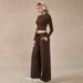 Voya Lazy Style Two-piece Brown Long Sleeved Short Cut Crop Top, Wide Leg Casual Pants, Fashionable And Comfortable Suit For Women_ecoleips.com
