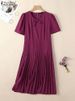 ZANZEA Short Sleeve Korean Fashion Party Dress Elegant Solid Waist-Cinched Pleated A-line Robes Women O Neck Knee-length Dress_ecoleips.com