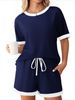 K Women's New Solid Color Pit Stripe Color Blocked Sleepwear Short Sleeved Home Suit Set. No Necklaces Or Other Accessories_ecoleips.com