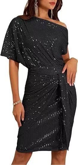 Women's Clothing Sequin Party Club Dress One Shoulder Pleated Toast Dress Fashion_ecoleips.com