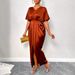Summer New Arrival Women's Solid Color Satin V-Neck Short Sleeve Fitted Waist Skirt With Side Slit Long Skirt_ecoleips.com