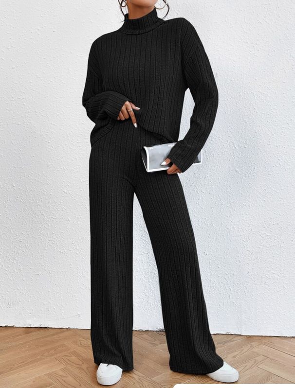 K New Solid Color High Collar Long Sleeve Pit Strip Loose Wide Leg Pants Home Clothes Two Piece Set_ecoleips.com