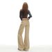 In-stock Wholesale Khaki-colored Slightly Flared Non-tight-fitting Women's Jeans, American Retro Low-waist Slim-fit Long_ecoleips.com