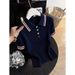 Women's Preppy Short Sleeve T-Shirt Navy Blue Knit Korean-Inspired Collared Top with Contrast Trim Breathable Stylish Summer_ecoleips.com