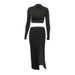 016AA European American Foreign Trade Autumn New Sexy Tight-fitting Cropped Long-sleeve Top With Slit And Bodycon Skirt_ecoleips.com