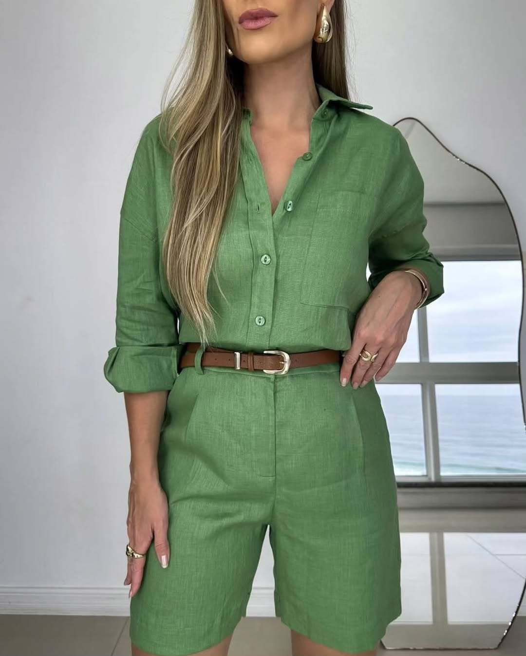 Women's Solid Color Cotton Long Sleeved Shirt And Shorts Set High Waist Fashion Casual European American Style Clothing_ecoleips.com