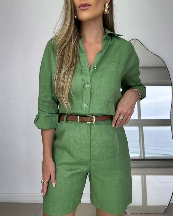 Women's Solid Color Cotton Long Sleeved Shirt And Shorts Set High Waist Fashion Casual European American Style Clothing_ecoleips.com