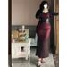 C1I Set 100kg Strap Mermaid Dress Plus Size Pure Desire Sexy Ruched Slimming Long Sleeve Open_ecoleips.com