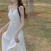 Sanya Travel Outfit Internet Celebrity Spaghetti Strap Backless Summer Slimming White Fairy Vacation Beach Dress_ecoleips.com