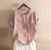 Summer Retro Women's Crew Neck Short Sleeve T-Shirt plus Size Casual Loose Button Cotton Linen Pullover Top Solid Color_ecoleips.com
