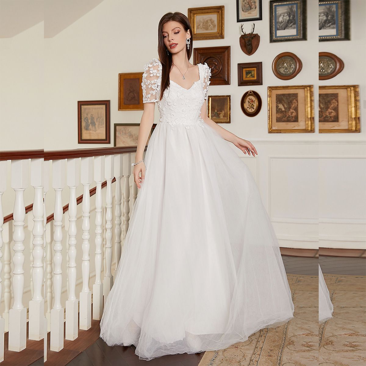 Women's Clothing Parisian Garden Romance: V-Neck Short-Sleeve Maxi Dress With Open Back & Flowing A-Line Skirt (Breathable Polyester, Wedding Guest)_ecoleips.com