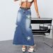 Women's Clothing Raw Edge Skirt Star Worn Denim Skirt High Waist Slit Jeans_ecoleips.com