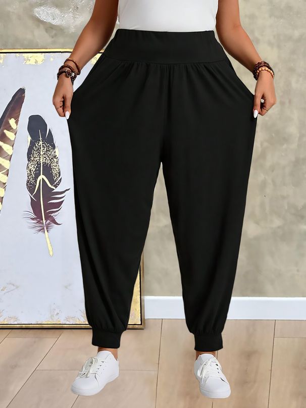 Women's Classic Black Harem Pants Elastic Waistband Side Pockets Soft Milk Silk Feel Comfortable Casual Wide Leg Trousers_ecoleips.com