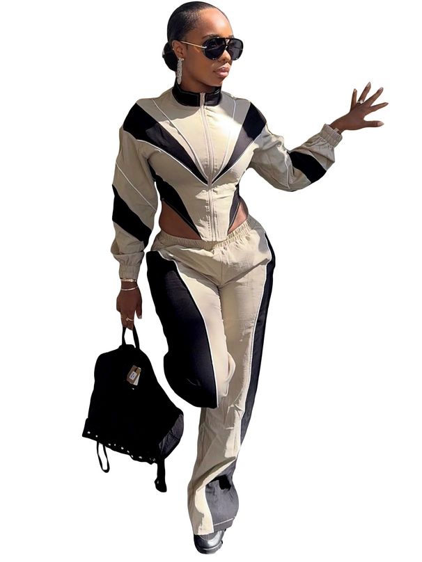 Women's Clothing Women's Style Color Block Patchwork Top And Straight Leg Pants Two Piece Set For Formal & Casual_ecoleips.com