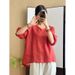 Summer Embroidered Design V-Neck Short-Sleeved T-Shirt Blouse For Women, Artistic And Retro Casual Mid-Sleeved Cotton An_ecoleips.com