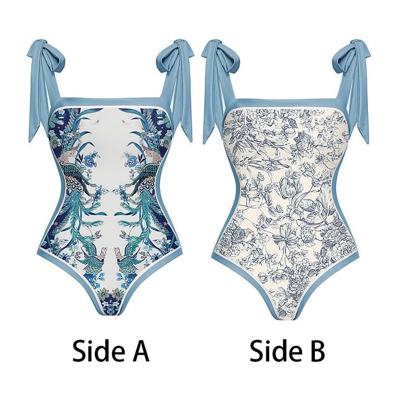 Elegant Two-Tone Wrap Front One-Piece Swimsuit For Women - Reversible Design With Bow Accent, Comfortable Nylon Blend Fabric, Perfect For Beach & Pool_ecoleips.com