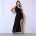 Independent Station Fashion Sleeveless Sequin Velvet One-Shoulder Split Evening Party Dress_ecoleips.com