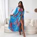 Women's Clothing Long Sleeve Sexy Deep V Multicolor Large Flower Print Slit Dress_ecoleips.com