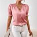 Women's Clothing Women's Satin V Neck Button Down Shirt Short Sleeved Ruffled Blouse Casual Style Spring Summer_ecoleips.com