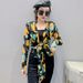 Elegant Feminine Sunscreen Long Sleeve Base Layer Top V Neck Slim Fit Waist Cinching Tie up Printed Mesh Top for Women_ecoleips.com