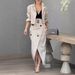 Women’s Clothing Women's Suit Lapel Patchwork No Long Sleeve Top Skirt Two piece Set with Belt_ecoleips.com