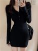 Autumn Winter Mini Dress Women V Neck Button Sexy Sweater Elegant Bodycon Dresses Long Sleeve Robe Short Skirt Waist Solid_ecoleips.com