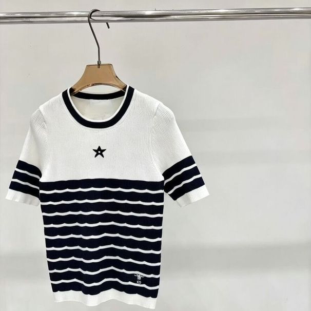 Summer New Style Five-Pointed Star Letter Jacquard Knit Short-Sleeve Striped Round-Neck Top For Women, Stylish And_ecoleips.com