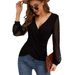 European And American Cross-border 2026 Spring New Solid Color French-style Spliced Lace Lantern Sleeve Loose Cross-over_ecoleips.com