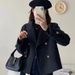 Women's Double-Faced Wool Coat - Premium Short Suit Collar Cashmere Overcoat In Greyish/Black/Oat (S/M)_ecoleips.com